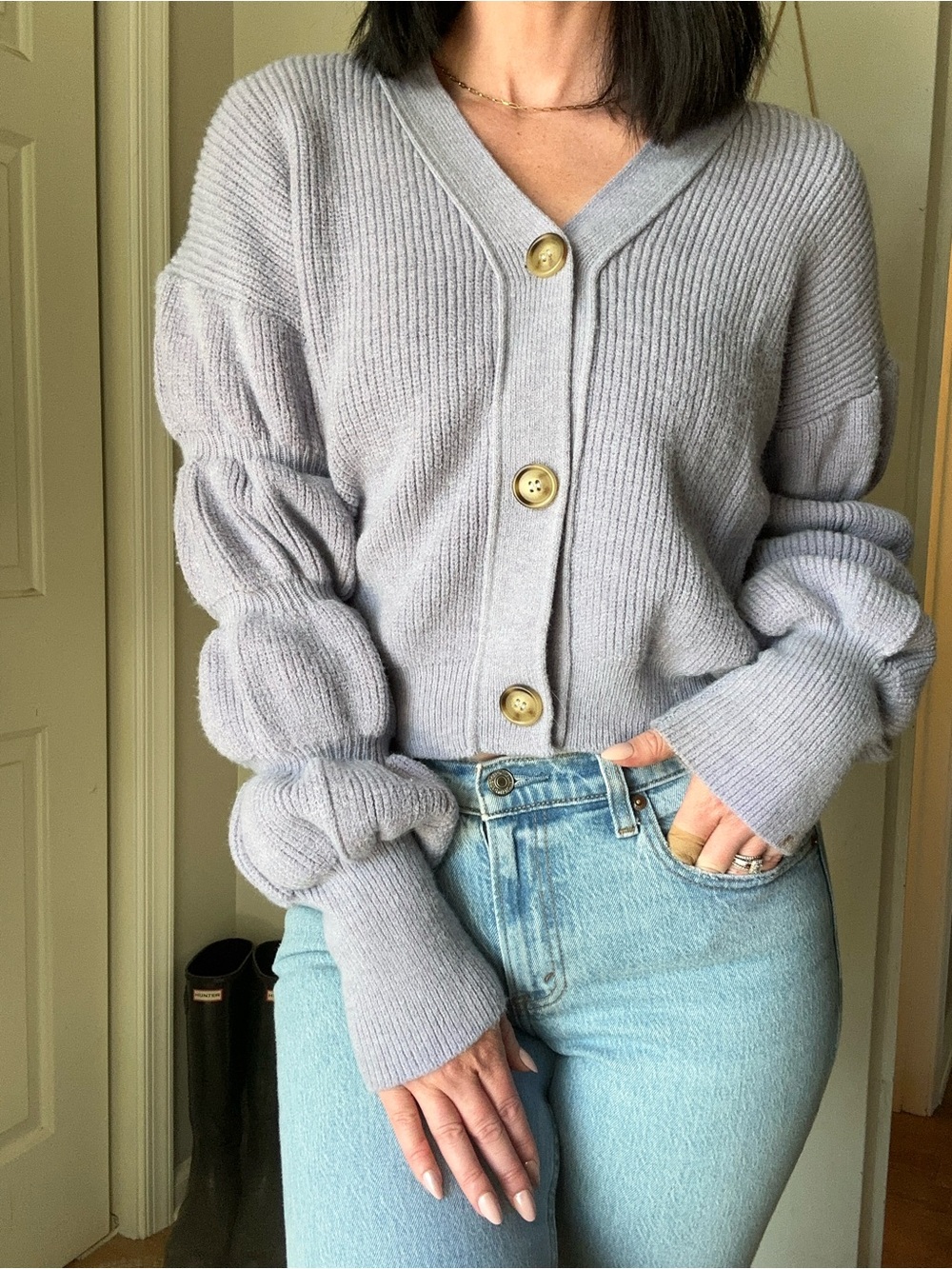 debut purple Bubble-Sleeve V-Neck Button Cardigan